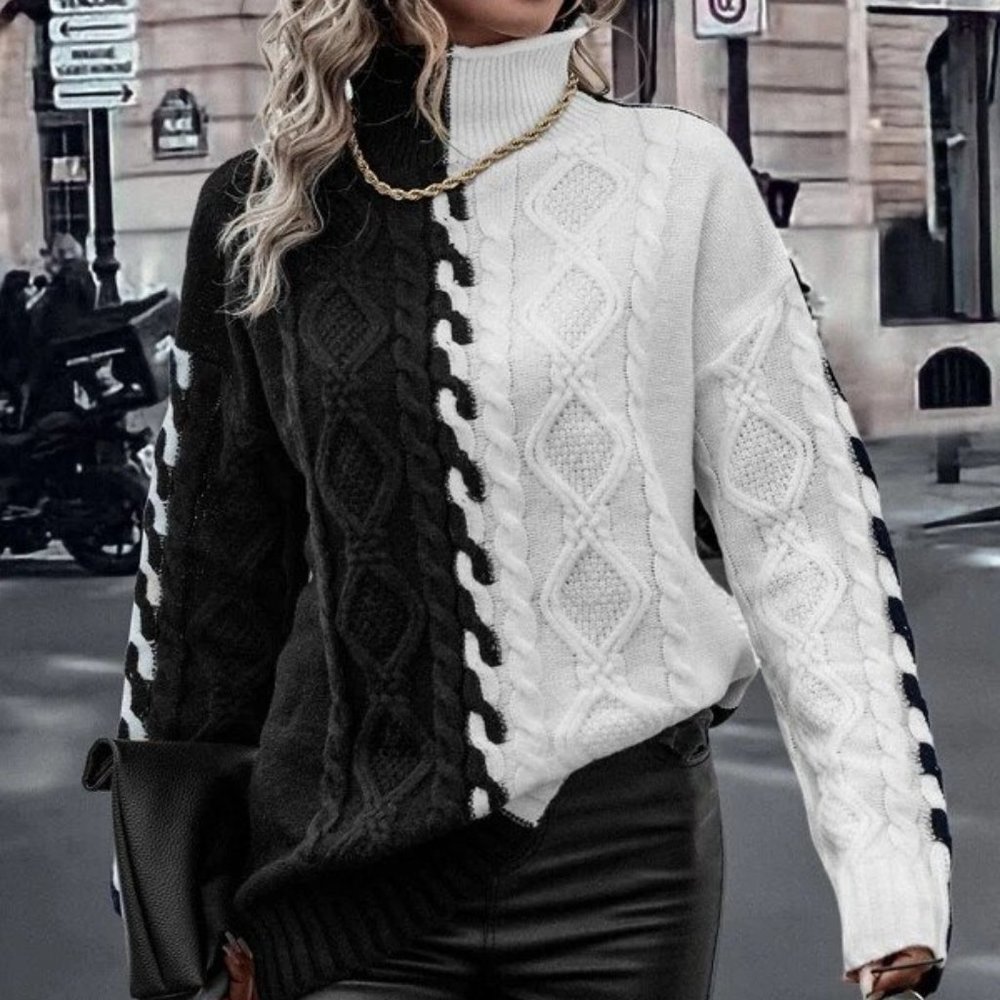 Black and White Cable Knit High Neck Sweater